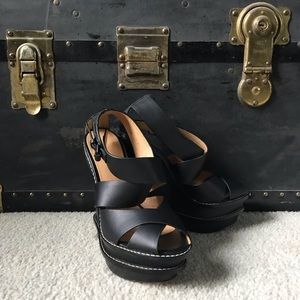 L.A.M.B. Angela Black Leather Wedges